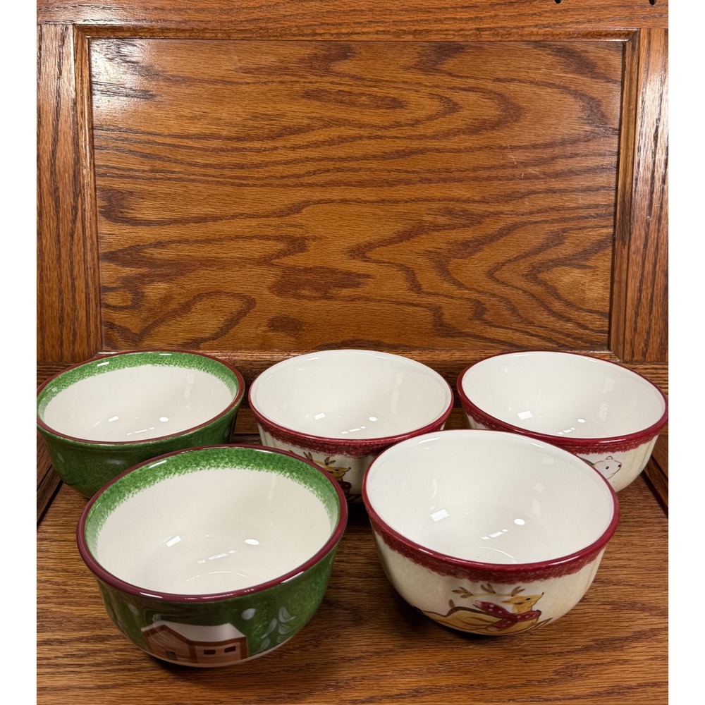 The Cellar Log Cabin Holiday Bowls Set of 5 Reindeer Polar Bear Vintage 2000